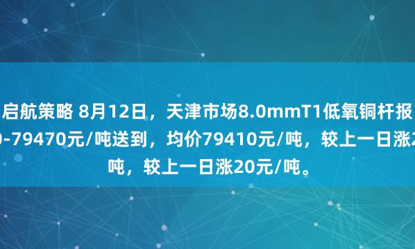 启航策略 8月12日，天津市场8.0mmT1低氧铜杆报价79350-79470元/吨送到，均价79410元/吨，较上一日涨20元/吨。
